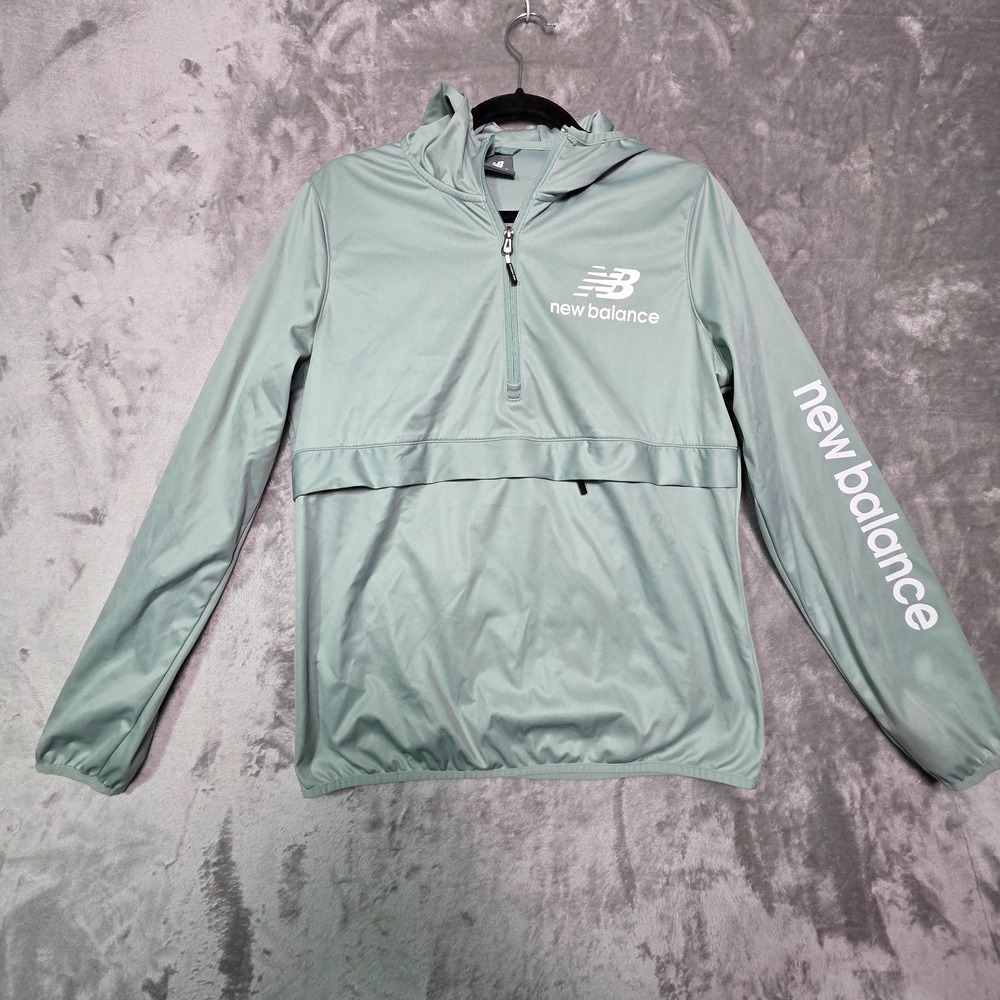 New Balance Windbreaker Jacket Womens Medium Green Logo 1/2 Zip Hooded Athletic